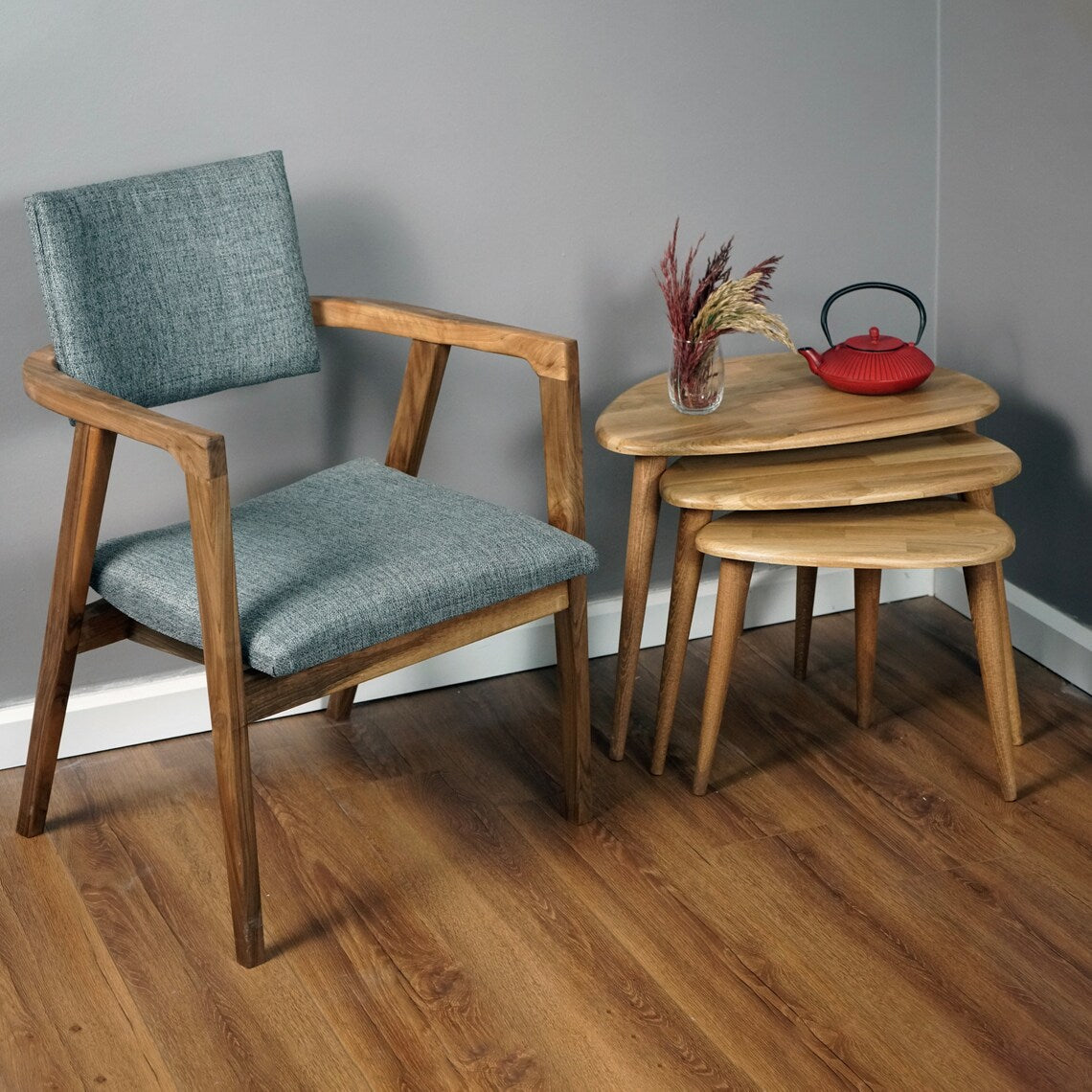 Solid Oak Nest of Tables Set of 3 - Wooden Pebble Tables
