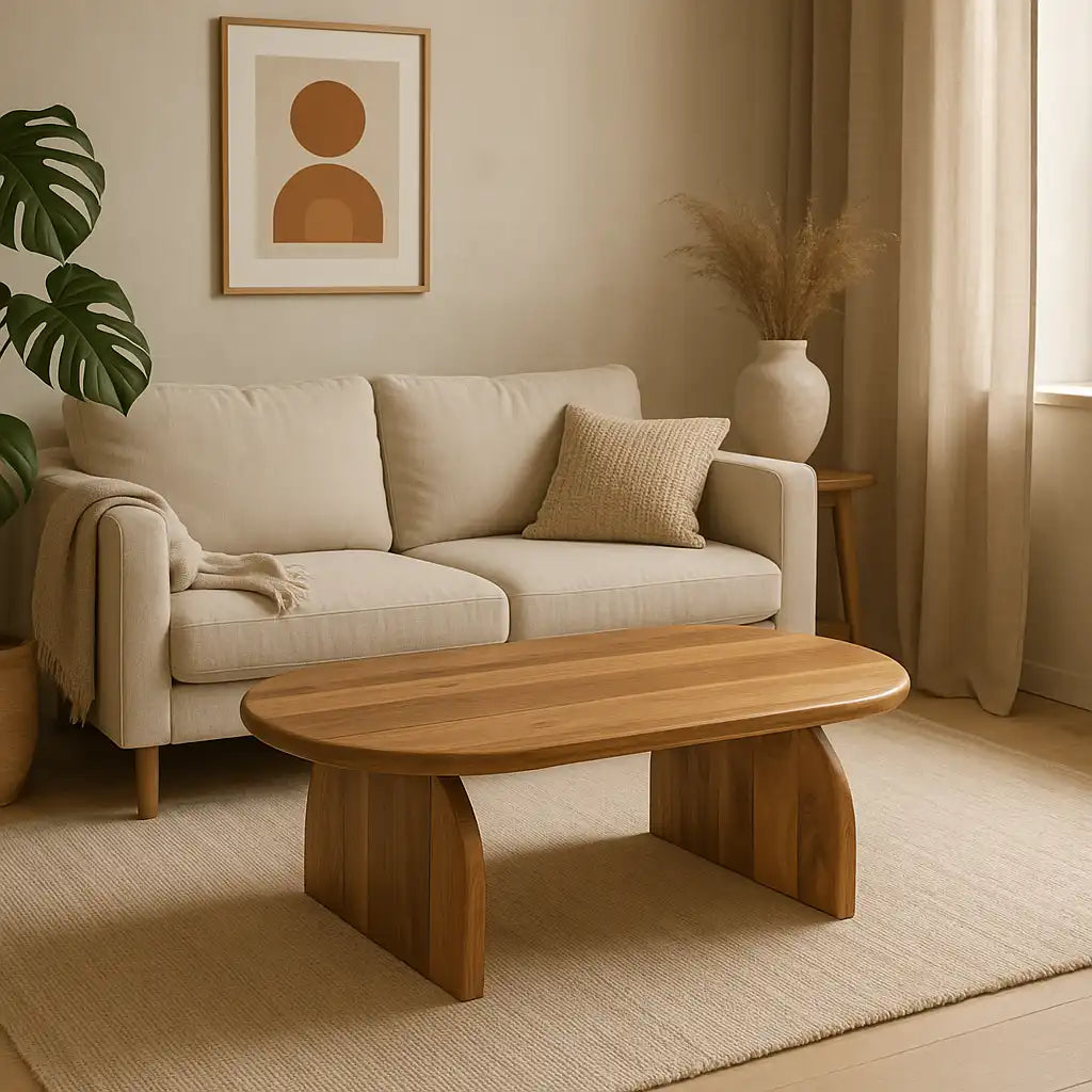 Walnut Japandi coffee table with the parallel foot base in a living room with a sofa and framed art