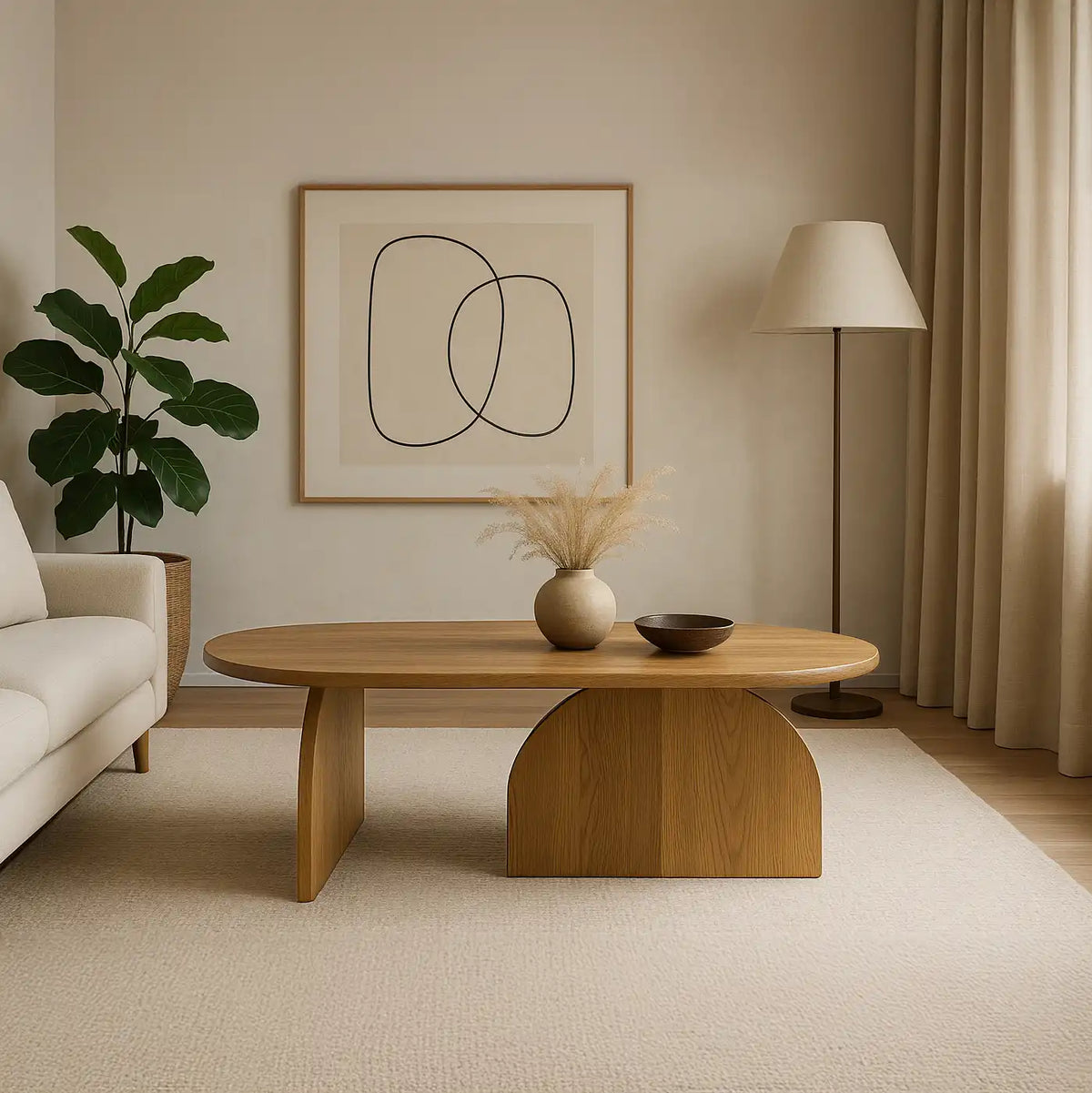 Chestnut Japandi coffee table in a living room with a floor lamp, framed art and a sofa