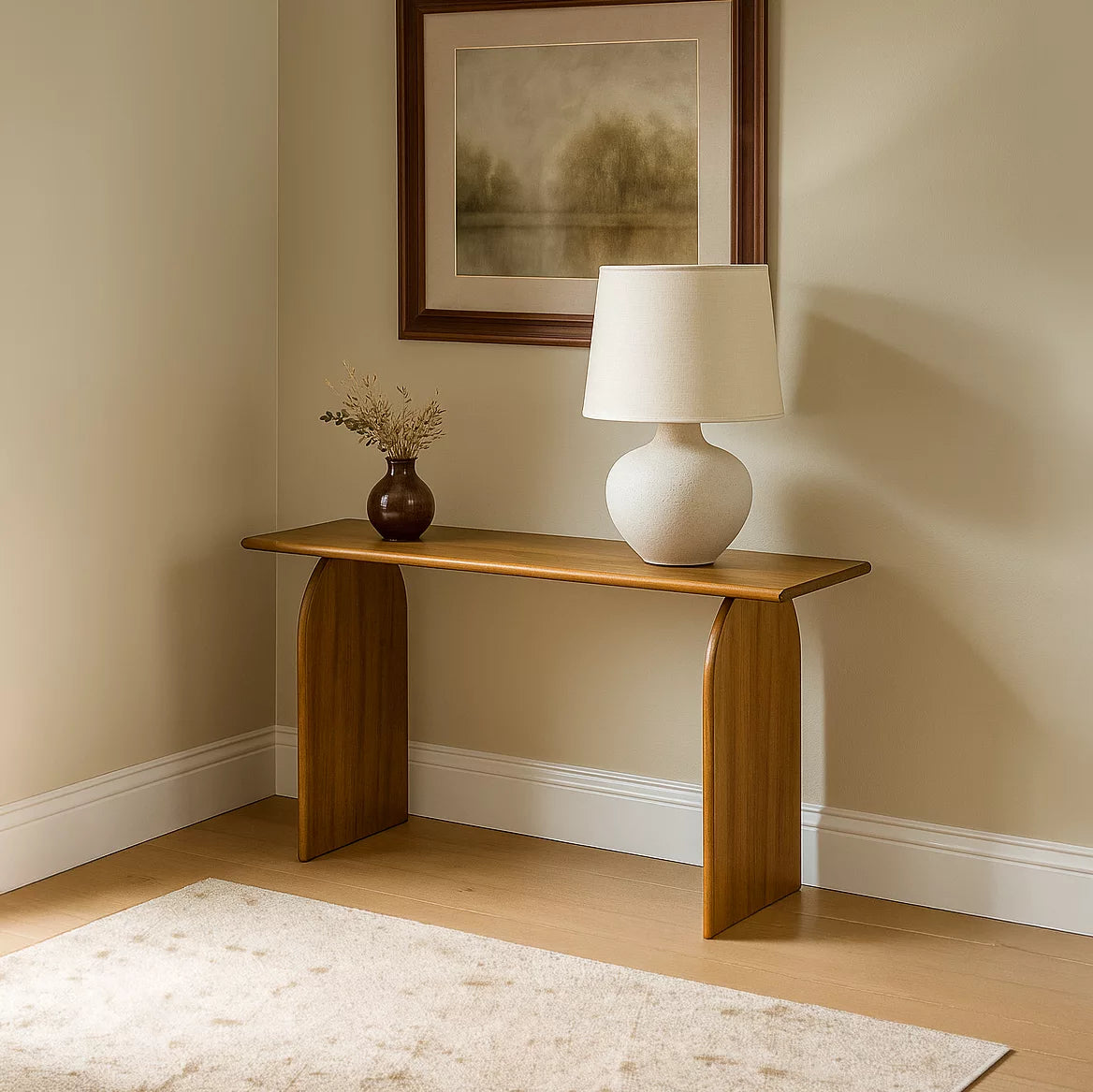 Japandi walnut console table in a daylight corner with a white lamp and a light rug