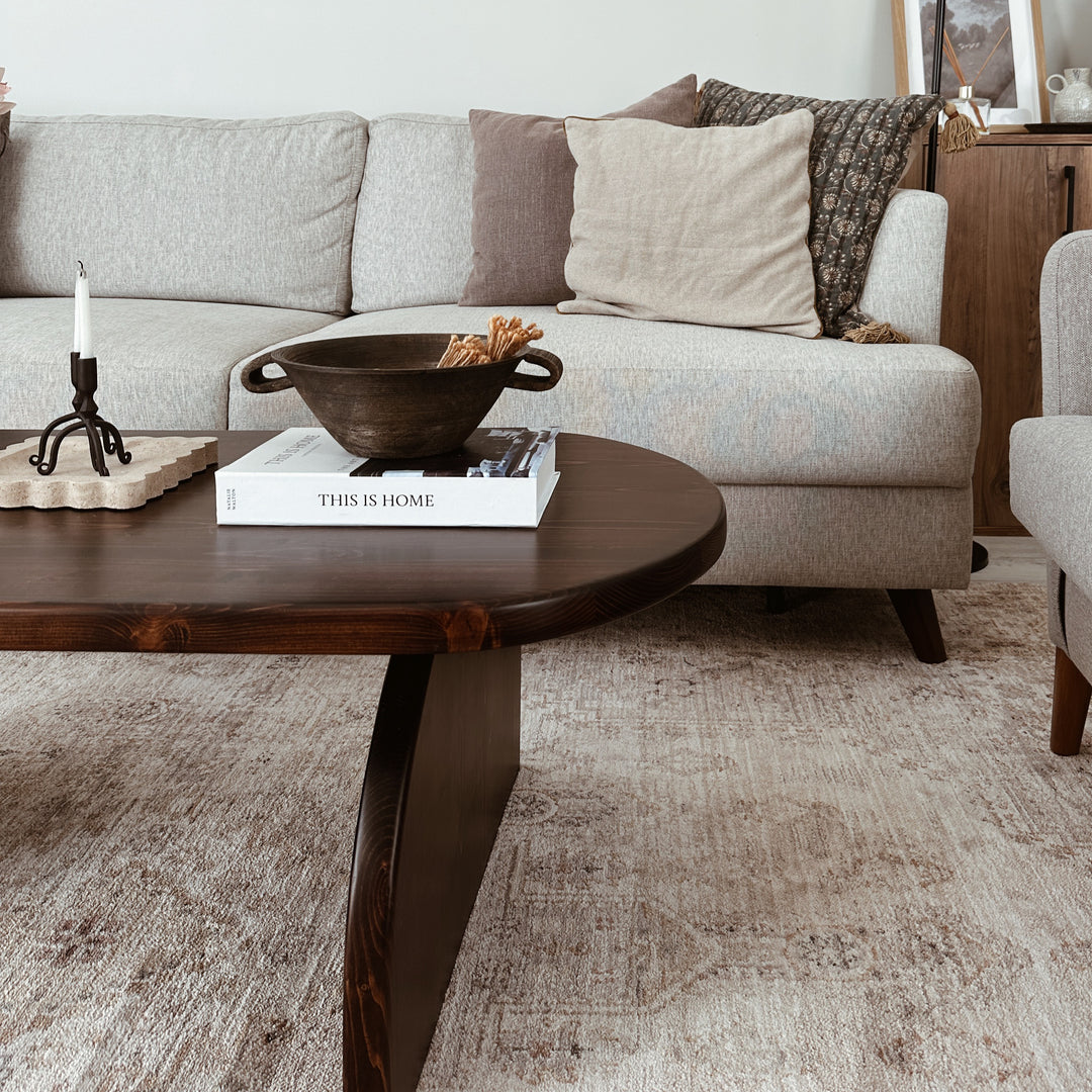 Living room with a gray sofa, wooden coffee table, and decorative items.
