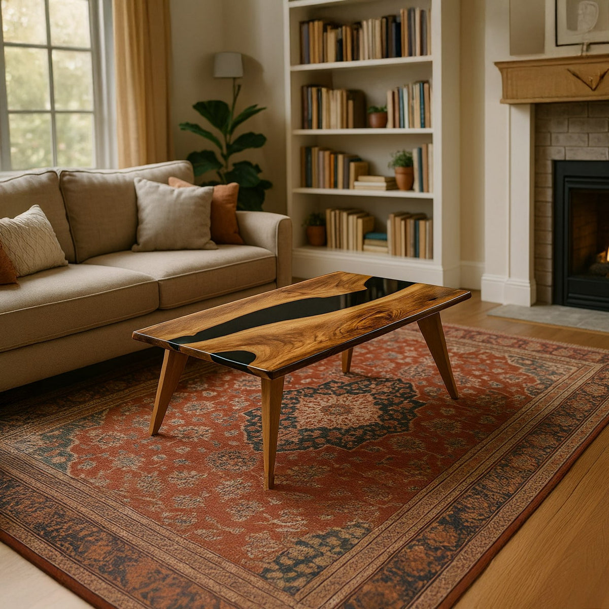 Live edge walnut coffee table with a black epoxy river, wide view in a living room with a sofa and bookshelf
