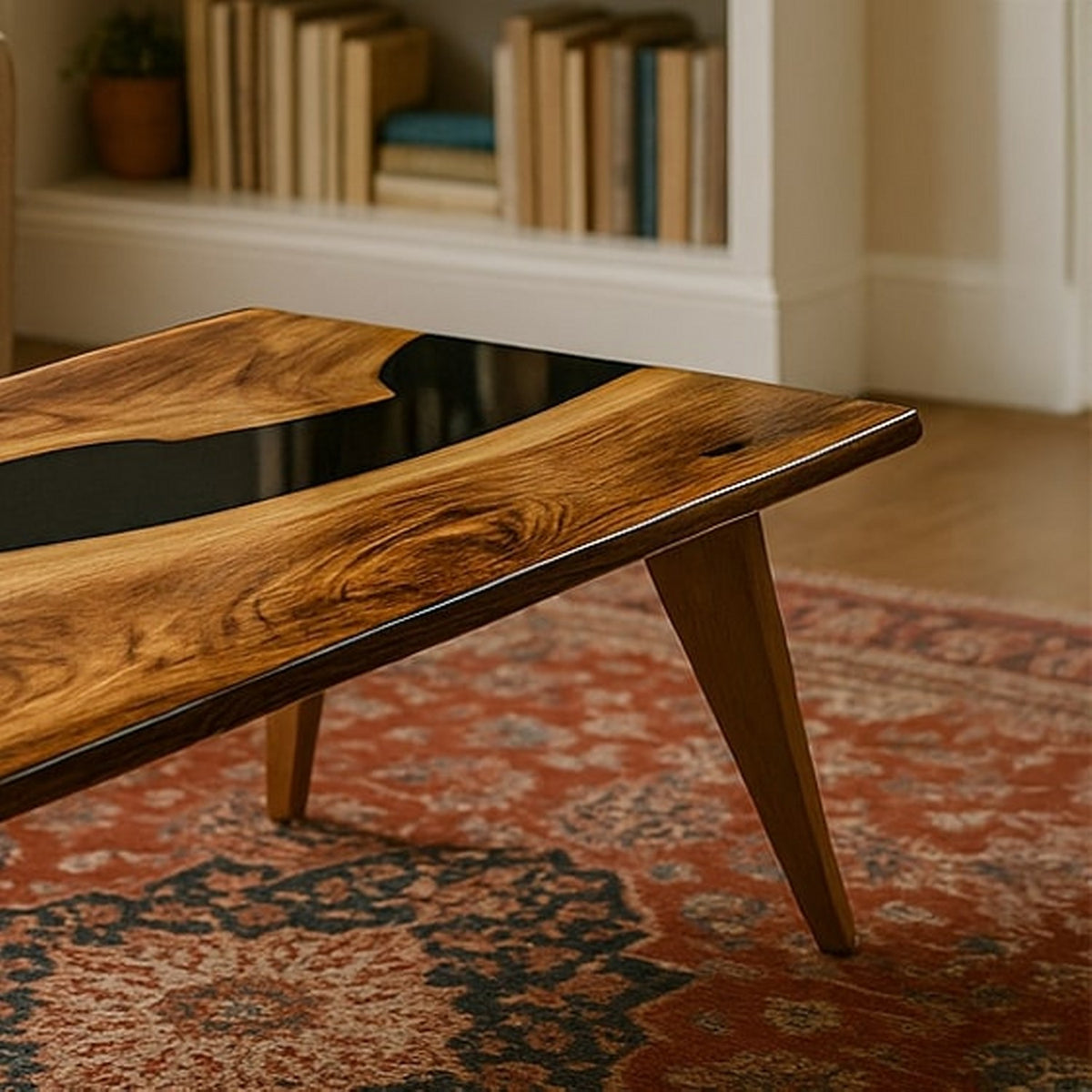 Low angle of a tapered wood leg and the black epoxy top of the walnut coffee table on a rug