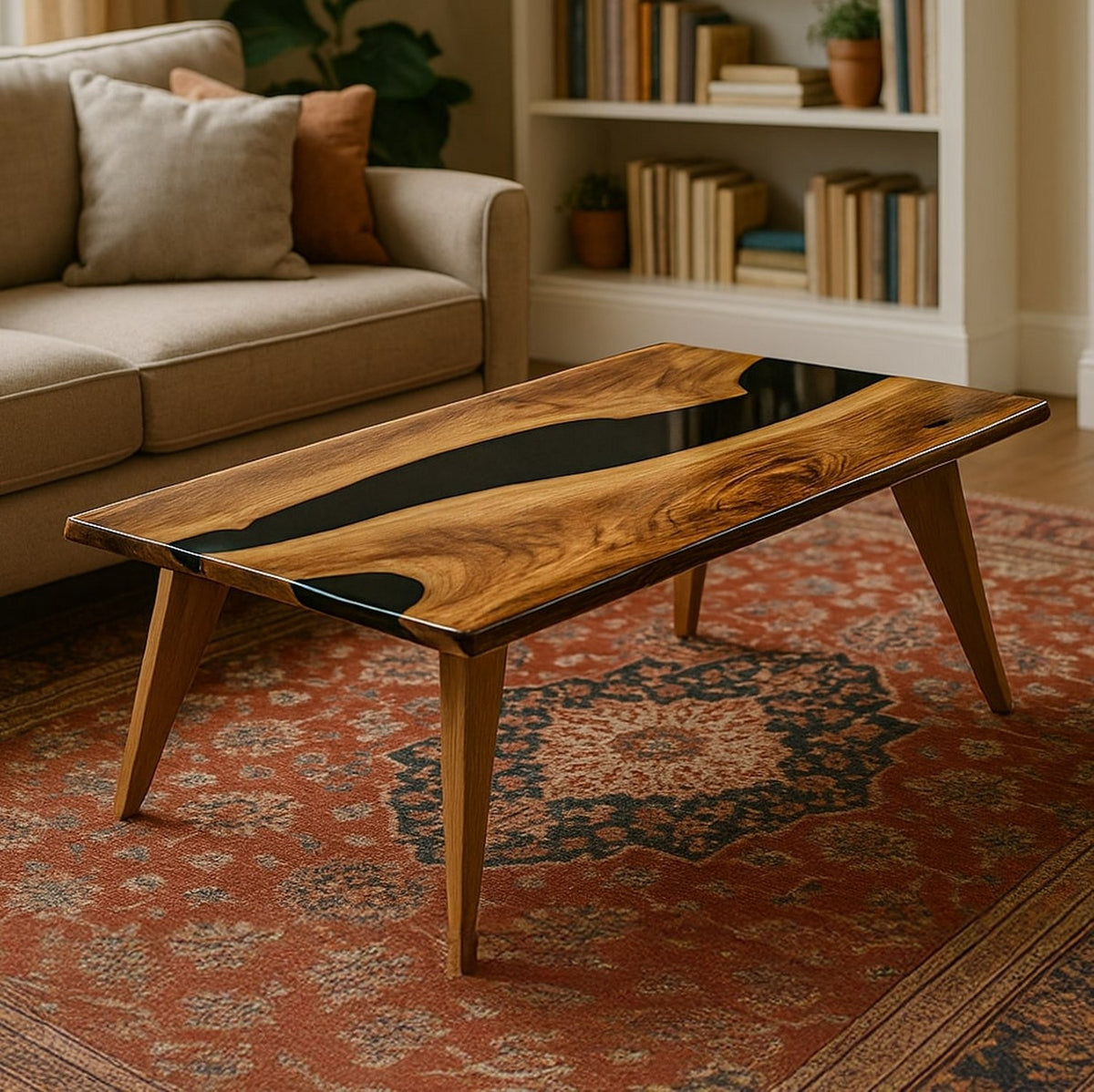 Walnut live edge coffee table with a black epoxy river and tapered legs on a red patterned rug beside a sofa