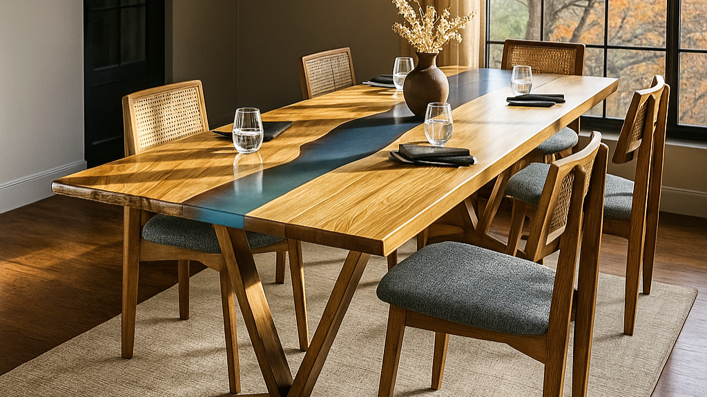 Live edge dining table with blue epoxy river and cane-back chairs in a dining room