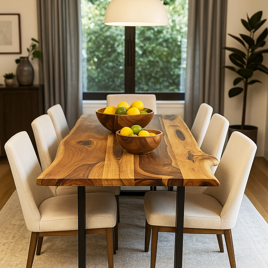 Walnut live edge dining table with black metal legs and six beige upholstered chairs, wide view with a window