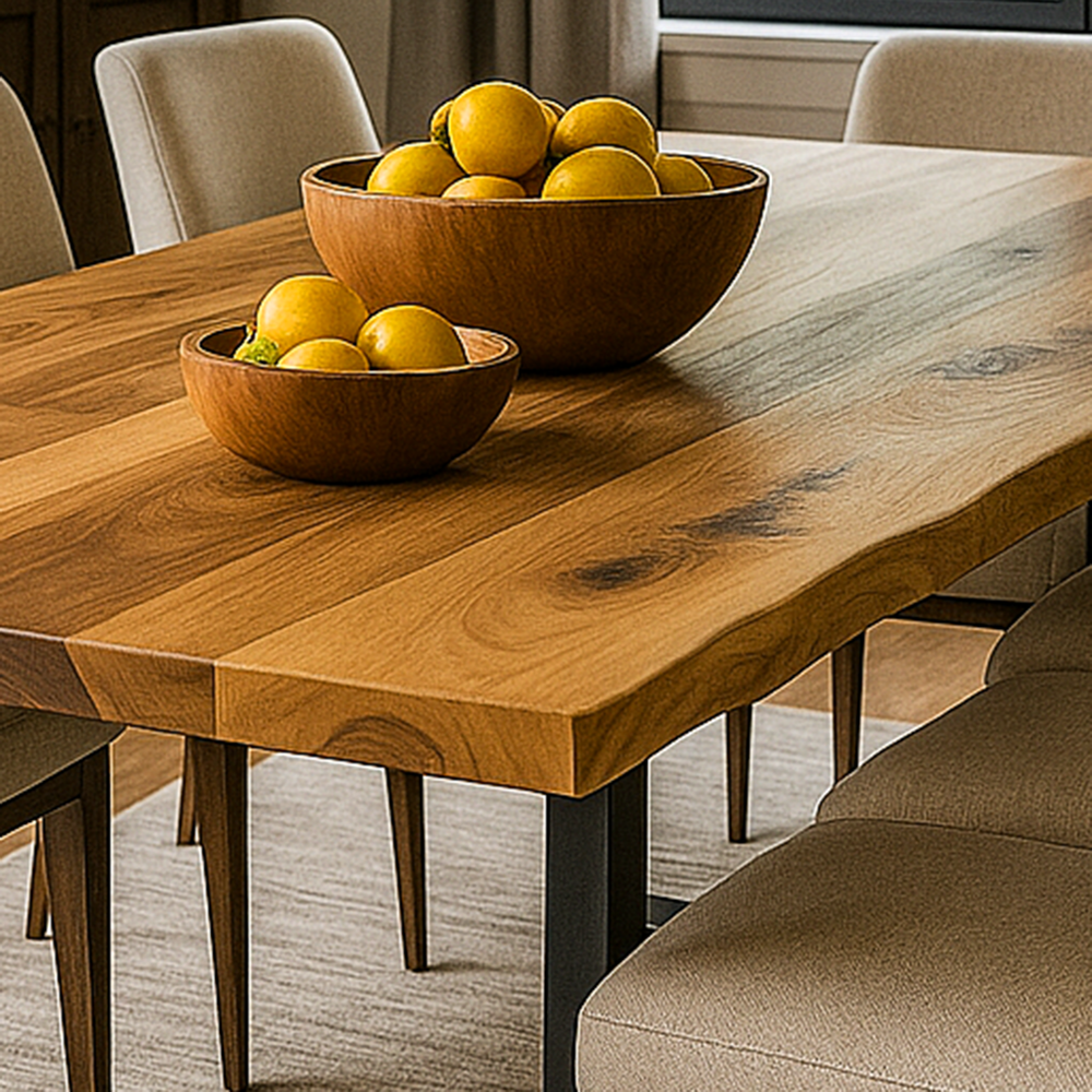 Wooden dining table with two bowls of lemons in a room setting.