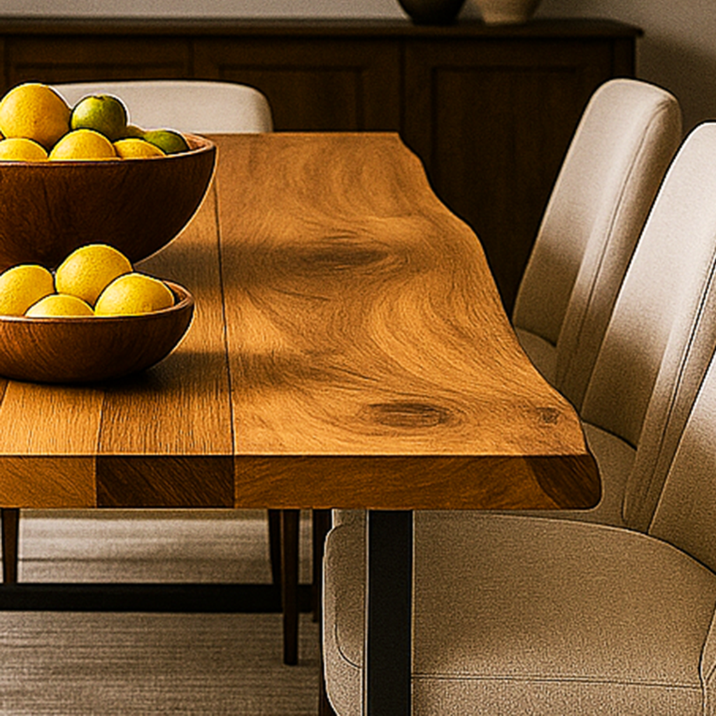 Wooden dining table with bowls of lemons and limes, surrounded by beige chairs.