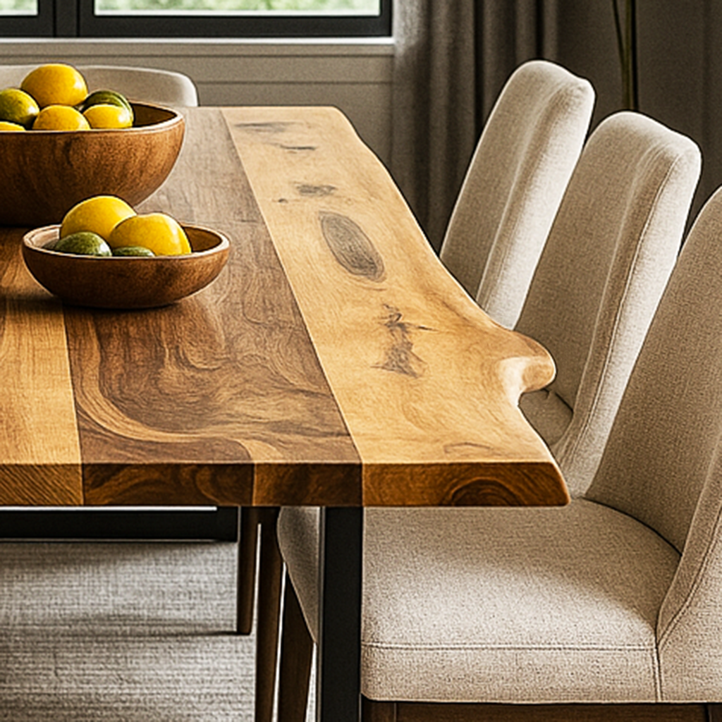 Dining table with wooden surface and bowls of fruit, paired with beige chairs.