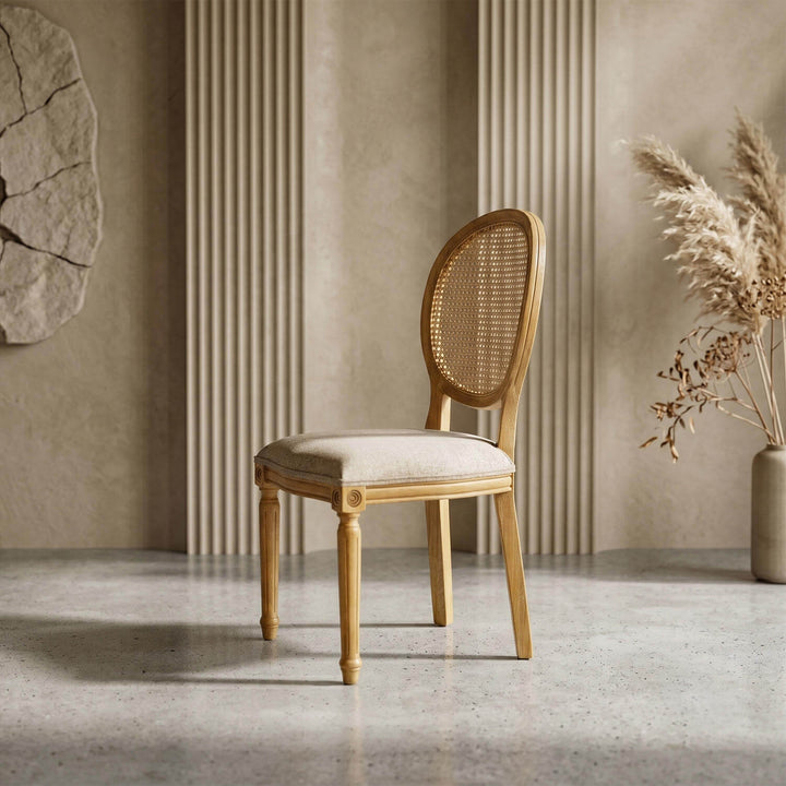 High-end medallion beech chair showcasing the seamless integration of natural cane webbing and a soft padded seat.