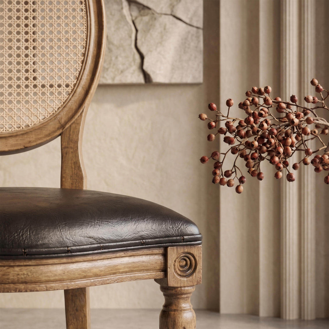 Premium medallion beech chair positioned gracefully on a polished concrete floor in a minimalist interior setup.