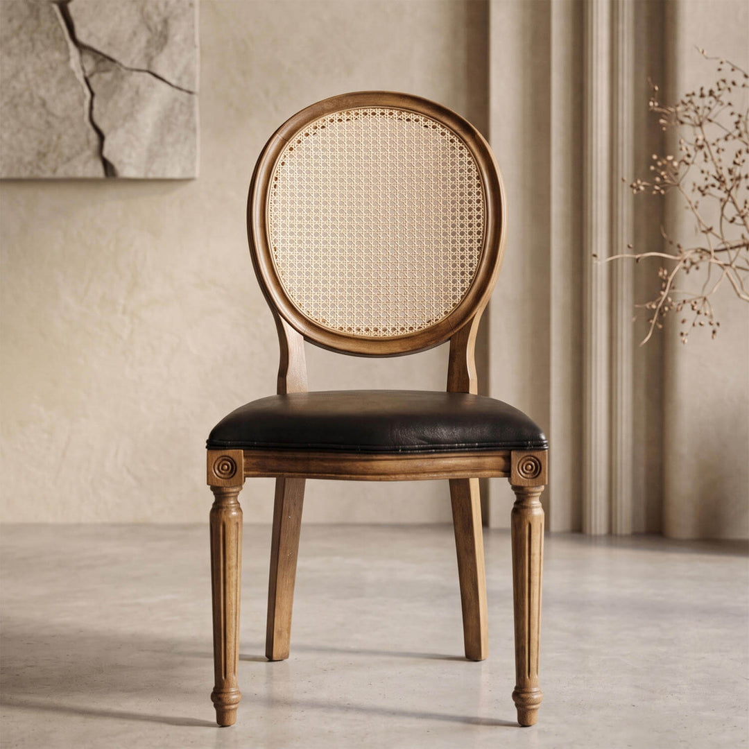 Timeless accent furniture piece: the medallion beech chair combining vintage charm with sturdy, solid wood craftsmanship.
