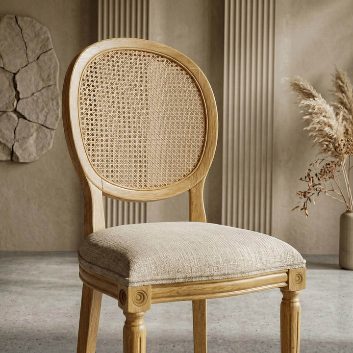 Neo-classical inspired medallion beech chair showcasing organic wood grain textures and a woven wicker back section.