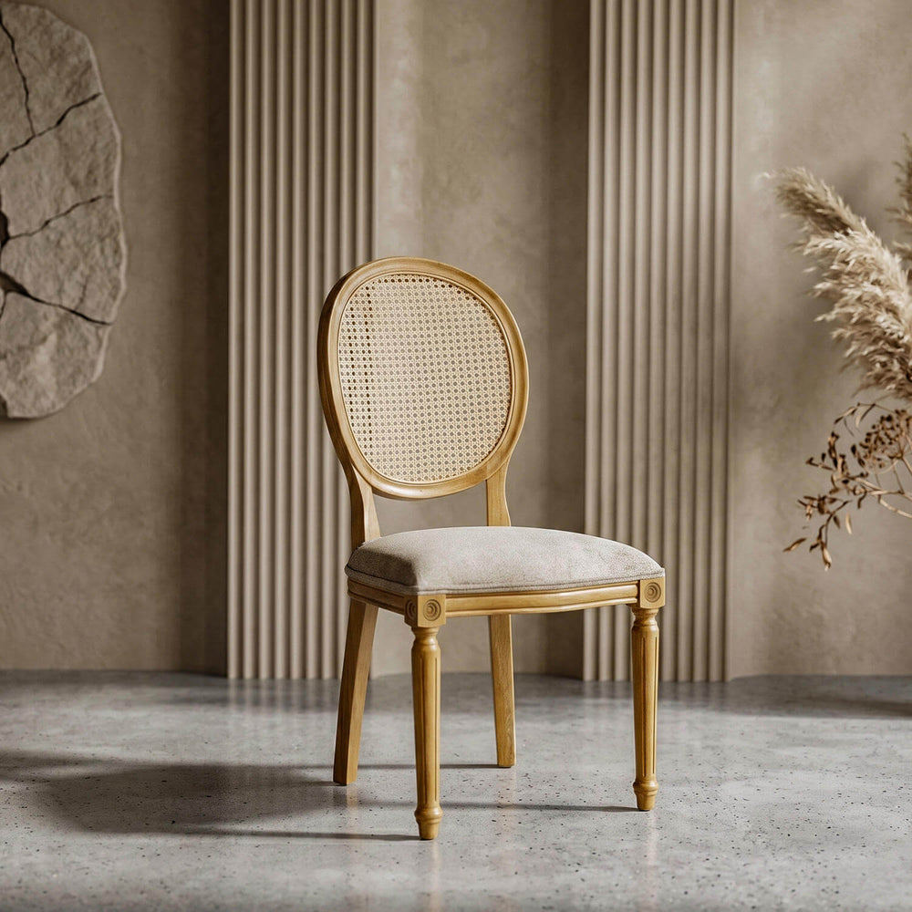 Architectural medallion beech chair displaying intricate fluted leg details and a beautifully curved oval back frame.