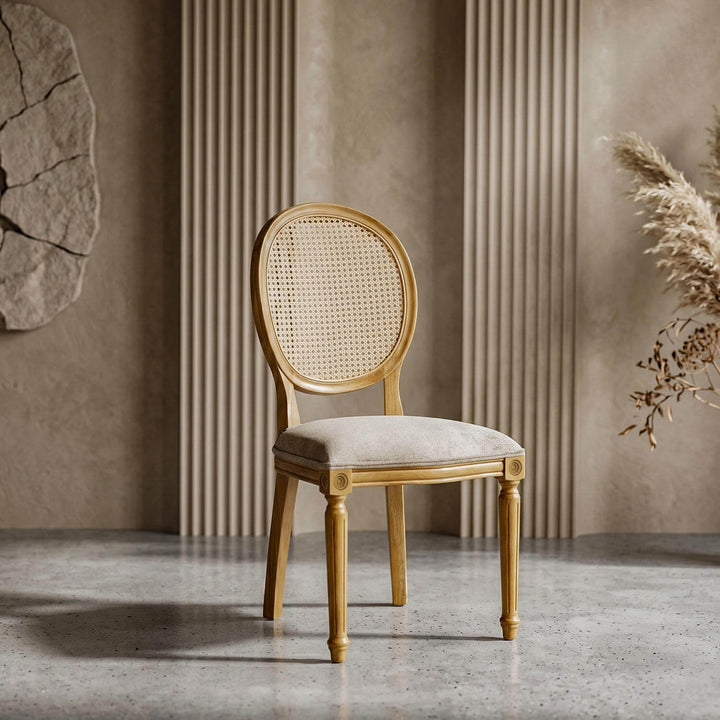 Architectural medallion beech chair displaying intricate fluted leg details and a beautifully curved oval back frame.