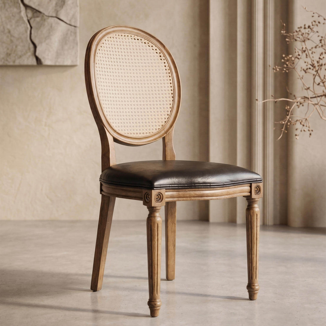 Medallion beech chair featuring an elegant round cane backrest and a smooth upholstered seat cushion.