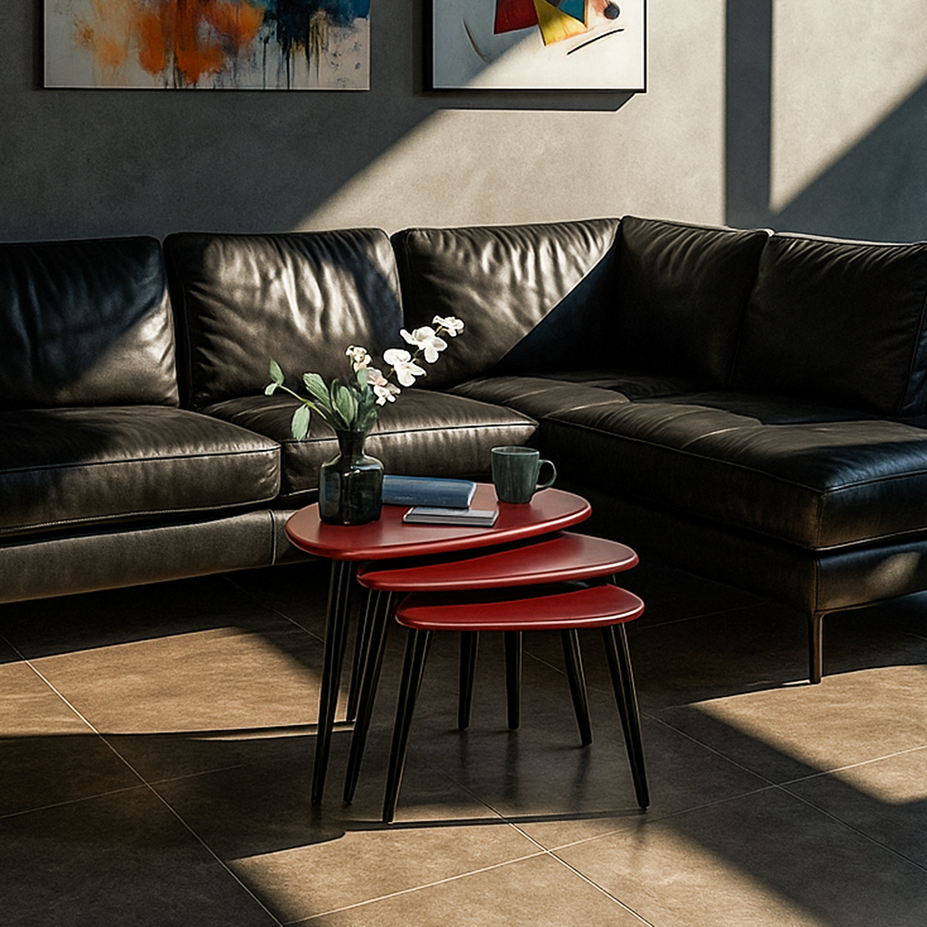 Modern living room with a dark leather sectional sofa and red nesting tables.