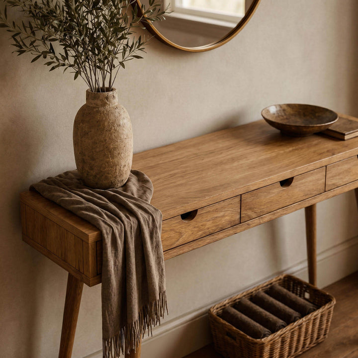 Minimalist Nordic Wooden Console Table with sleek crescent-shaped drawer pullouts, accompanied by a woven storage basket underneath.