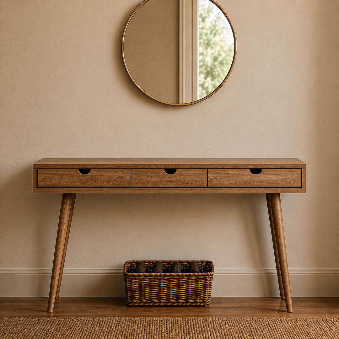 Premium Nordic Wooden Console Table highlighting natural wood textures on a structured frame positioned in a cozy interior layout.