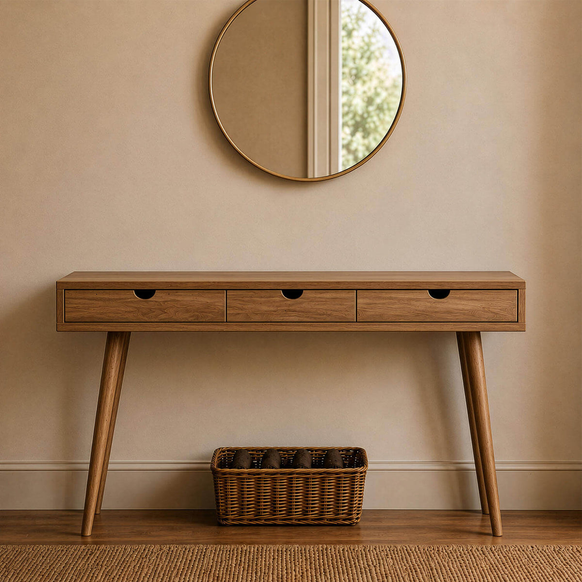 Straight front view of the walnut console table showing three drawers with cut-out pulls and splayed legs