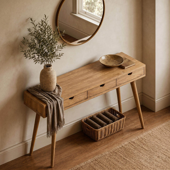 Slim profile Nordic Wooden Console Table placed on a woven area rug, offering elegant organization and decorative function.