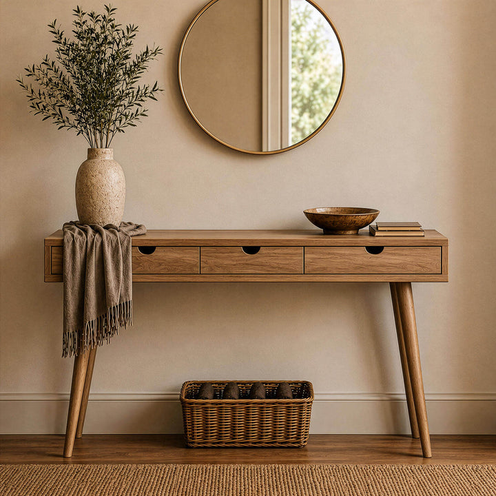 Nordic Wooden Console Table featuring three functional drawers and tapered legs, styled beautifully under a round wall mirror.