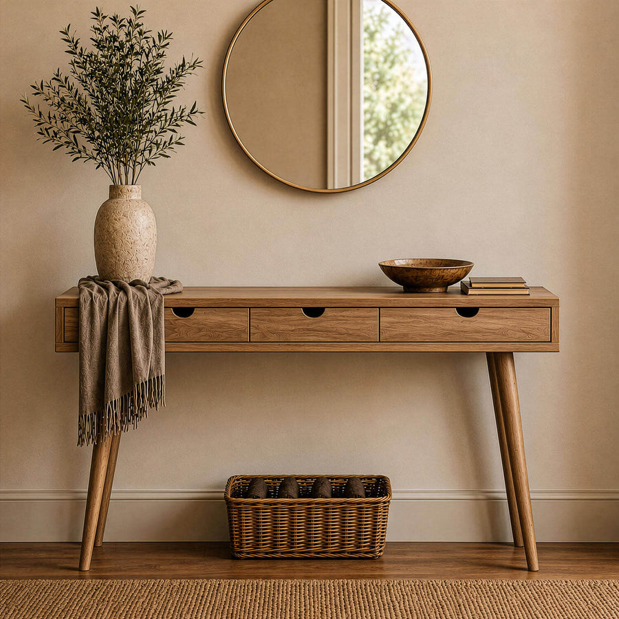 Nordic solid walnut console table with three drawers and tapered legs, front view under a round mirror