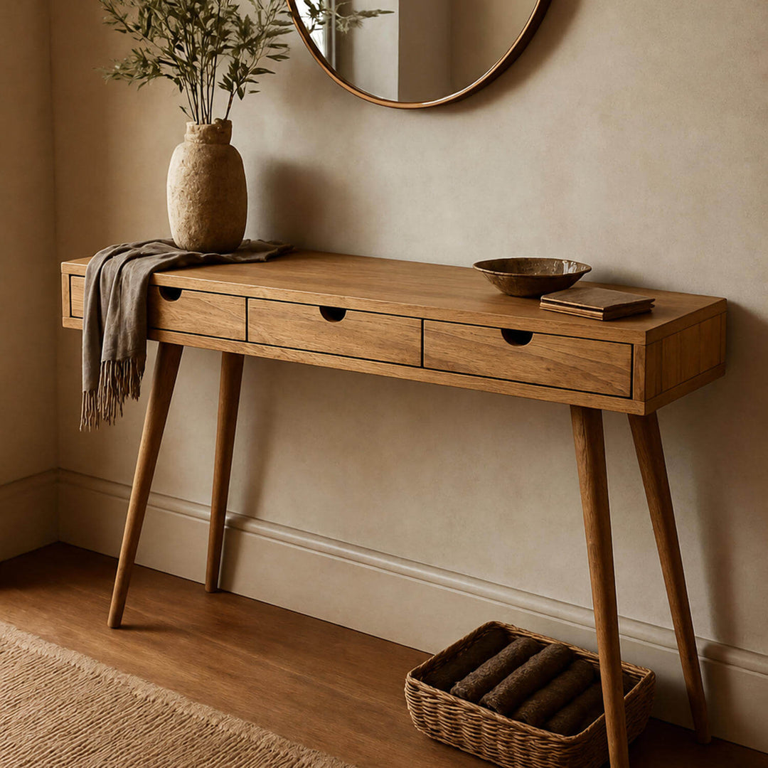 Scandinavian design inspired Nordic Wooden Console Table showcasing smooth surfaces and a clean, organic look for entryway styling.