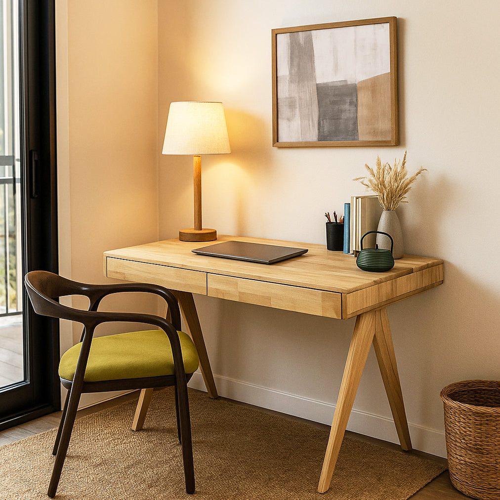 Wooden desk with chair, lamp, and decor in a home office setting