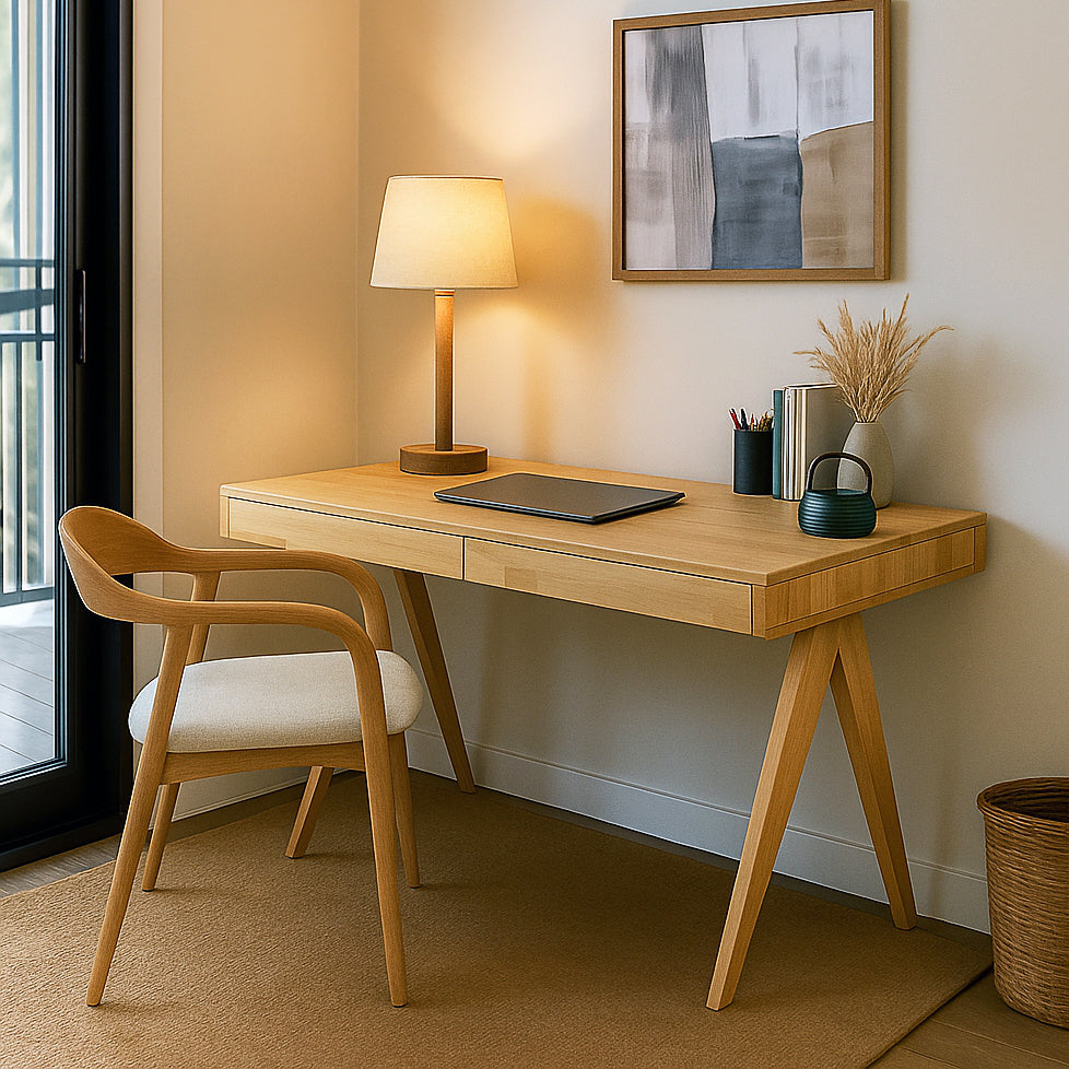 Wooden desk with chair in a room with abstract art and decor
