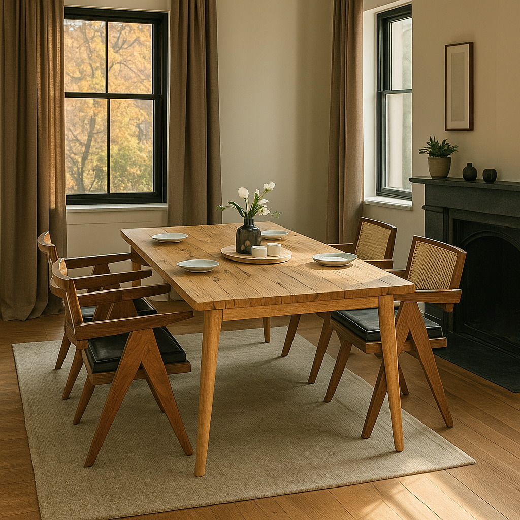 Dining room with wooden table and chairs near a fireplace