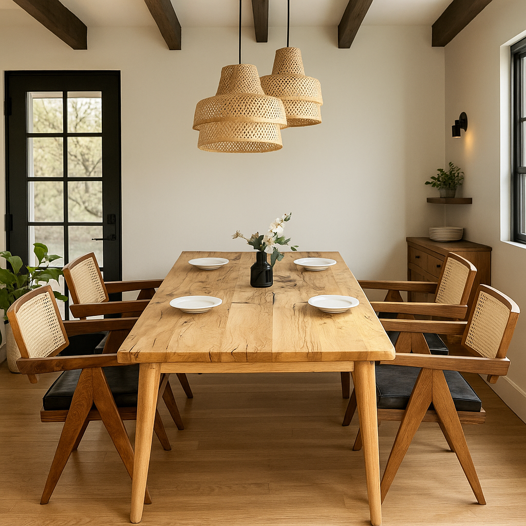 Dining room with wooden table and chairs, wicker pendant lights, and a vase of flowers.