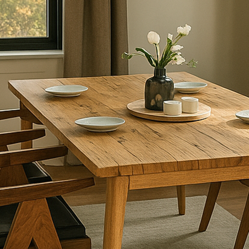 Wooden dining table with plates and a vase of flowers in a room with a window and curtains.