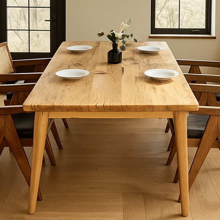 Wooden dining table with four chairs in a room with large windows.