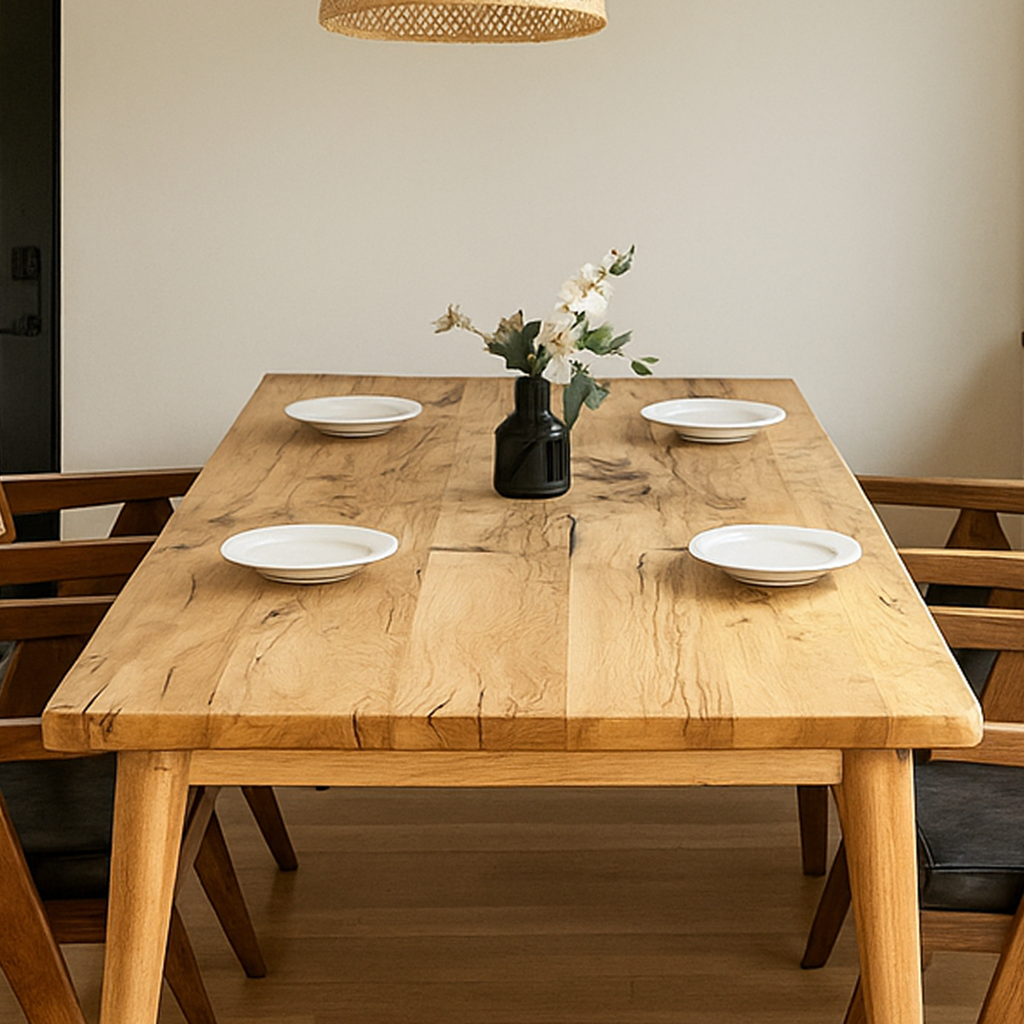 Oak dining table top with four white plates and a black vase, seen from one end