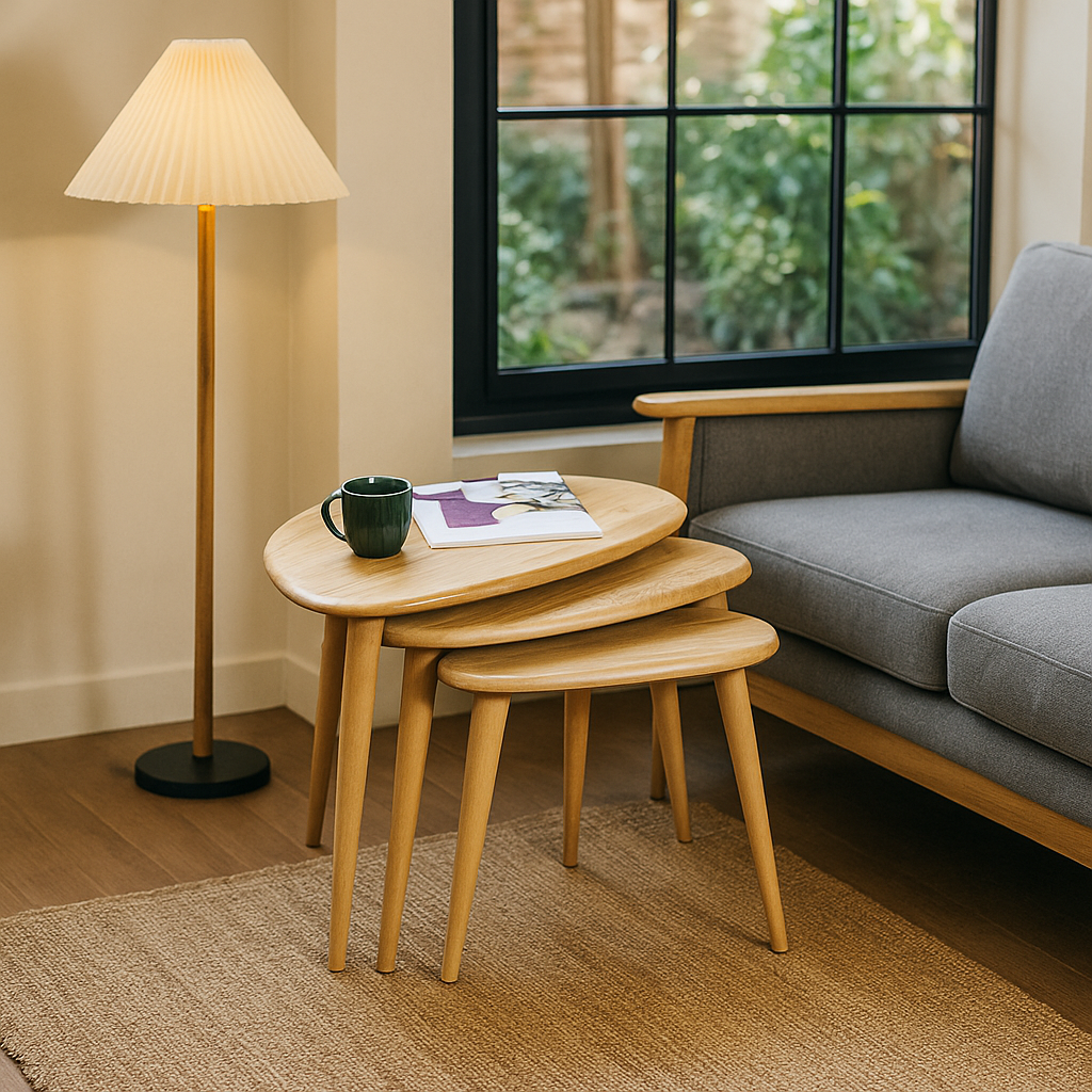 Nest of wooden tables with a cup and magazine in a living room setting.