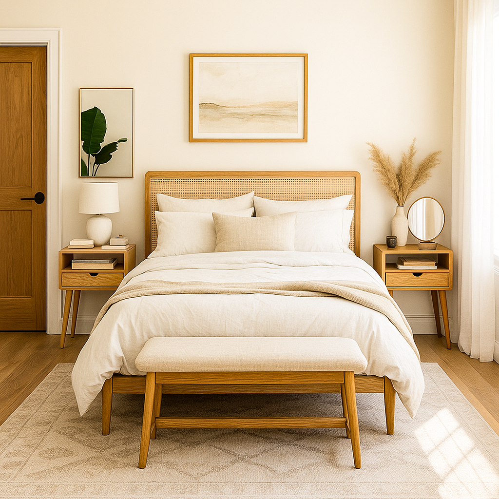 Neatly made bed in a bedroom with wooden headboard and nightstands, framed art on the wall.