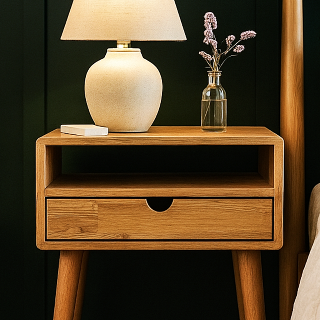 Wooden nightstand with a lamp and vase on a dark background