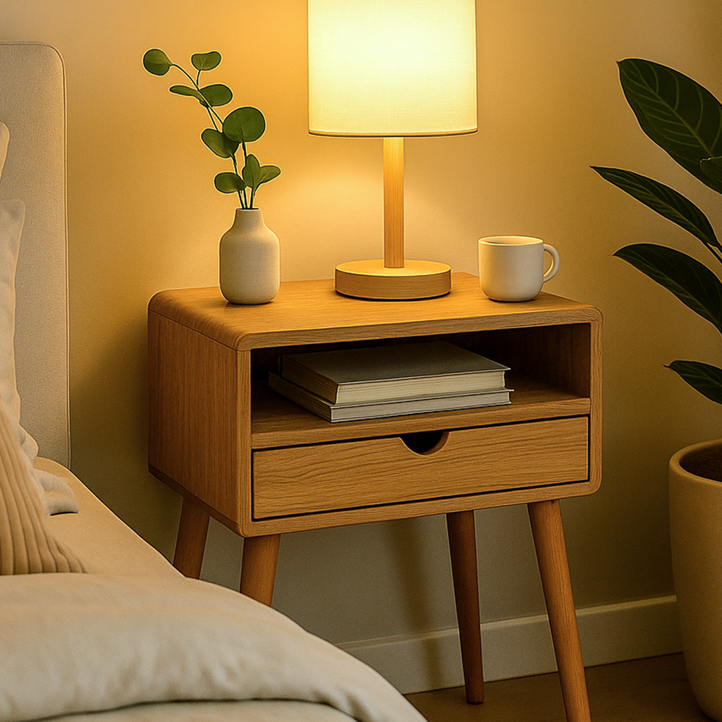 Wooden nightstand with lamp, mug, and books in a bedroom setting