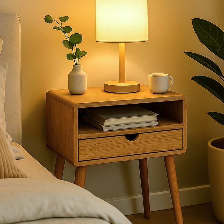 Wooden nightstand with lamp, mug, and books in a bedroom setting
