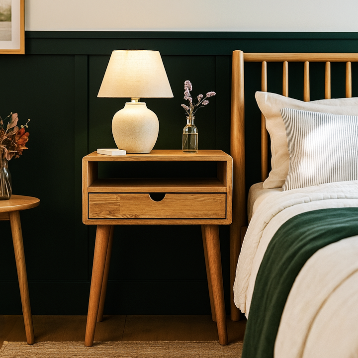 Wooden nightstand with lamp and decorative items next to a bed with pillows and blankets.