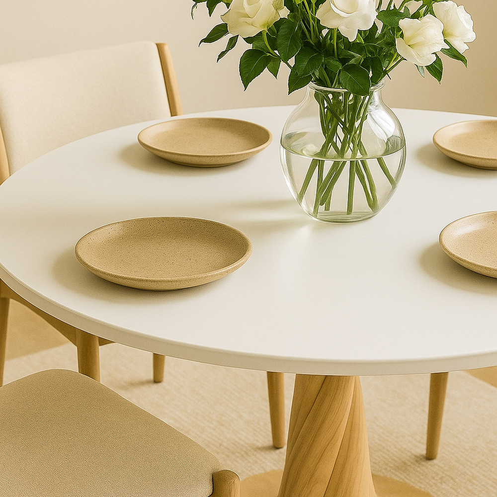 Close-up of the white round tabletop and the twisted wood base with plates and a vase of flowers