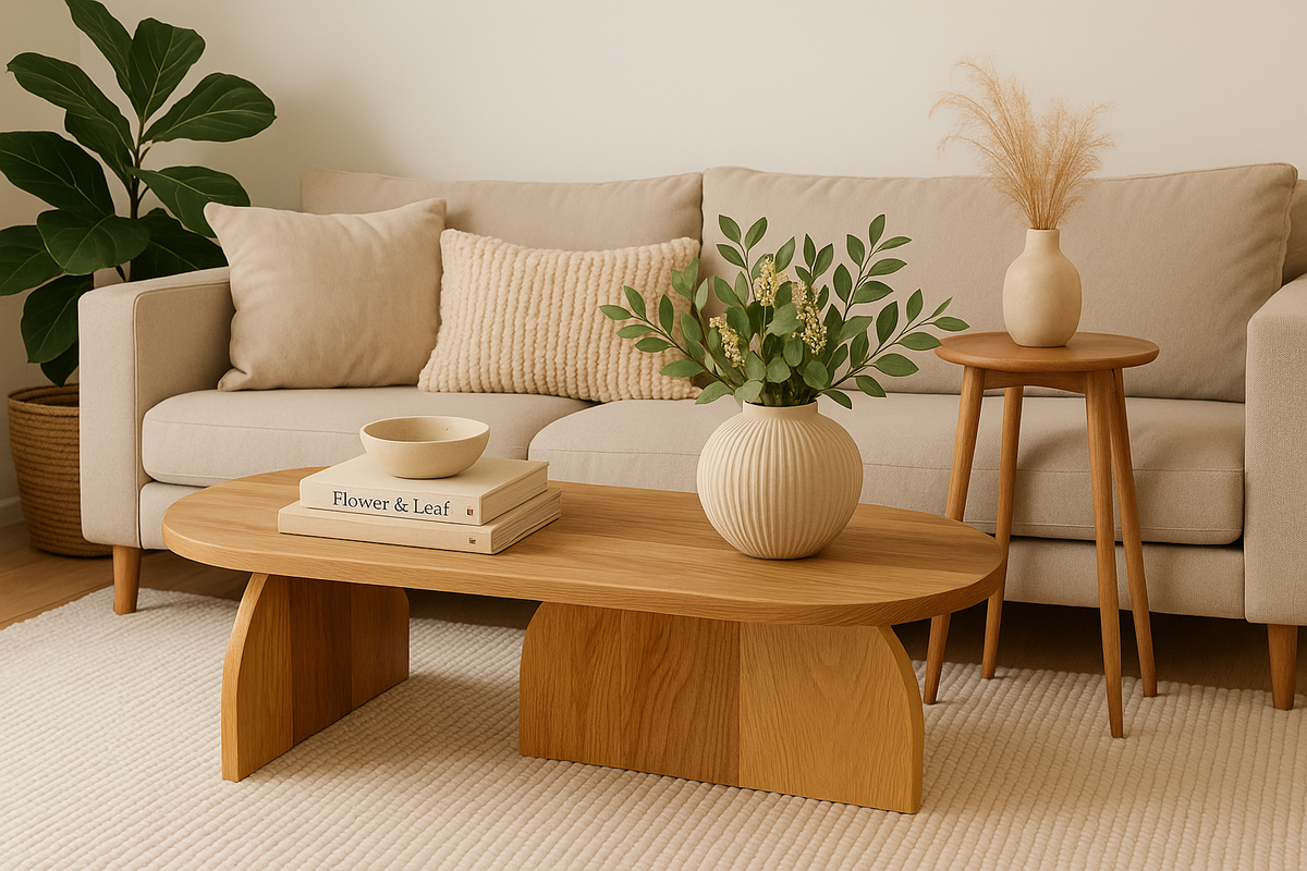 Oval solid wood coffee table with a split pedestal base in front of a beige sofa