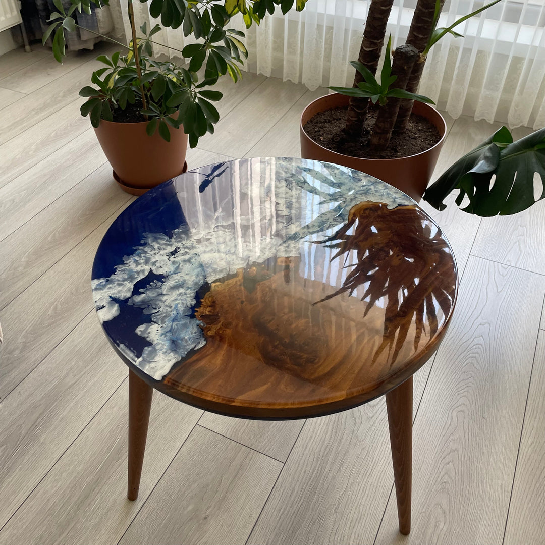 Oleaster Ocean Resin Round Coffee Table Live Edge Sea Design Epoxy Furniture