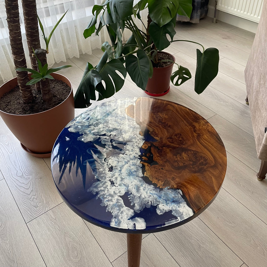 Handcrafted Round Resin Table - Oleaster Ocean Blue Epoxy Furniture