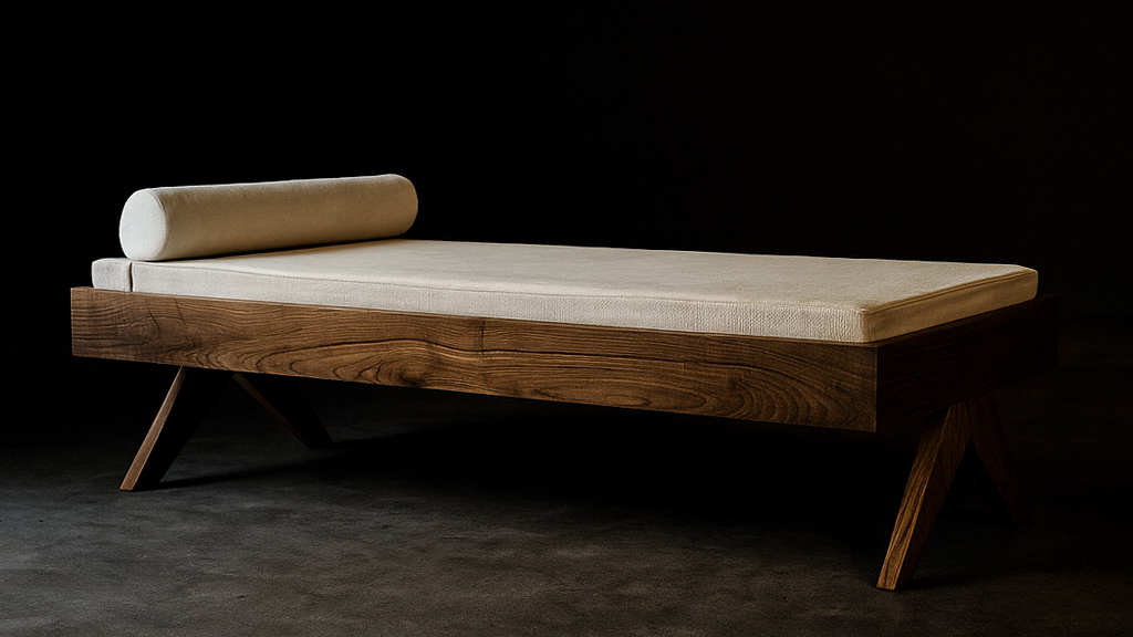 Pierre Jeanneret style solid wood daybed with a cream cushion and bolster pillow