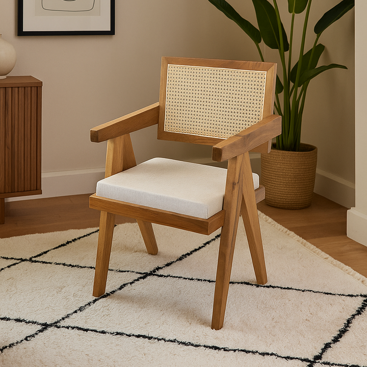 Wooden chair with wicker backrest and white cushion in a room with a plant and abstract art on the wall.