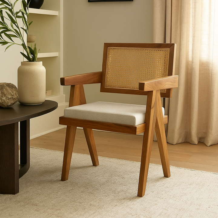 Wooden chair with a cushion in a room with shelves, a plant, and a painting.