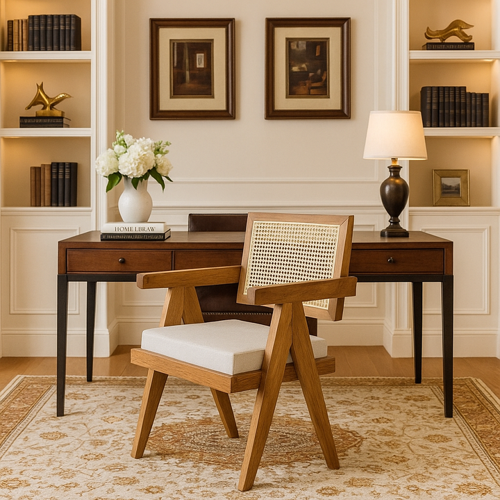Wooden chair with white cushion in a room with bookshelves and framed pictures.