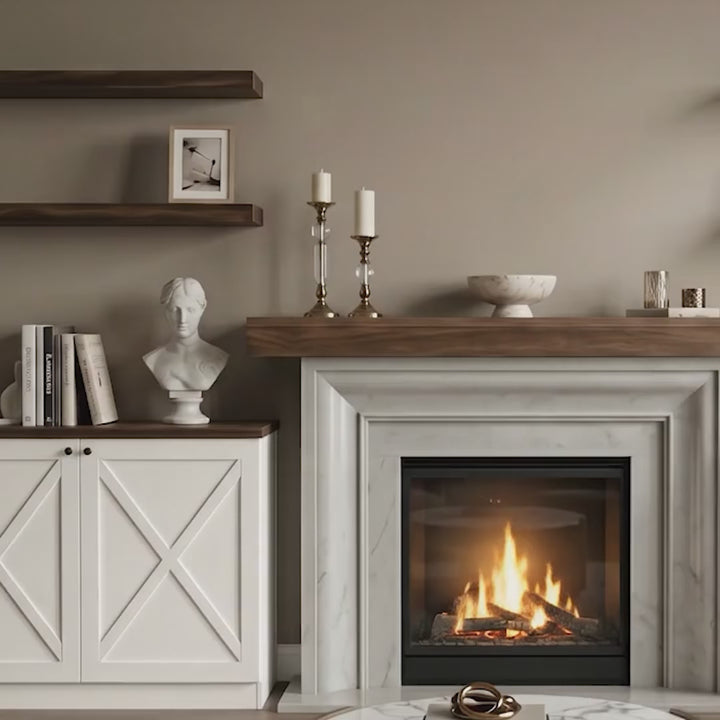Modern farmhouse walnut floating shelves and white console set lifestyle video, decorative objects displayed on solid wood shelves